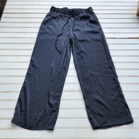 H&M Women's Black Lightweight Satin Pants Pockets Elastic Waist Drawstring M - Picture 1 of 11